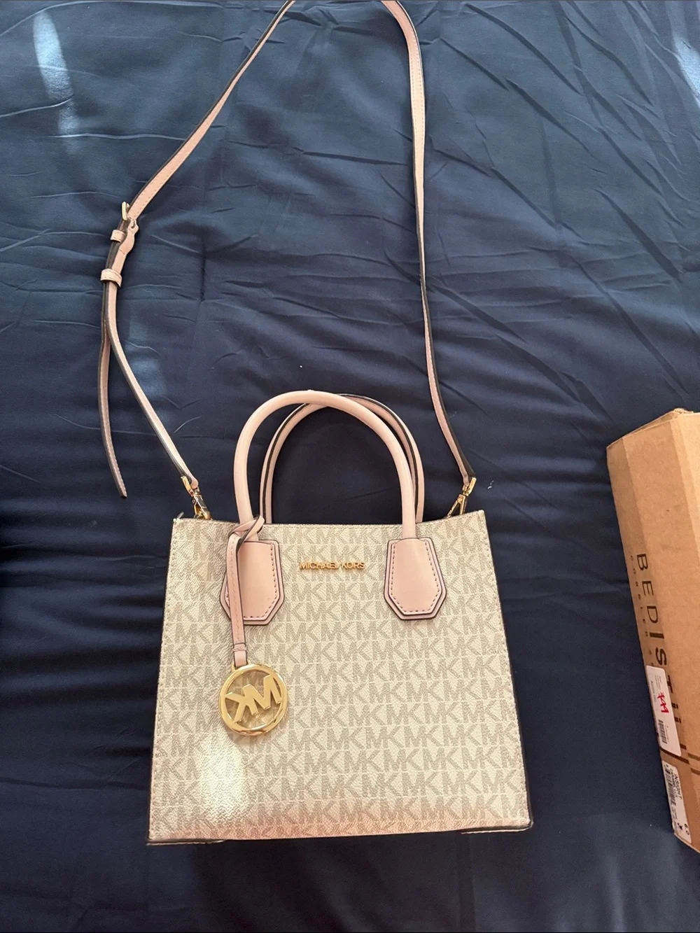 Michael Kors Beige and Pink MK Signature Satchel with Shoulder Strap